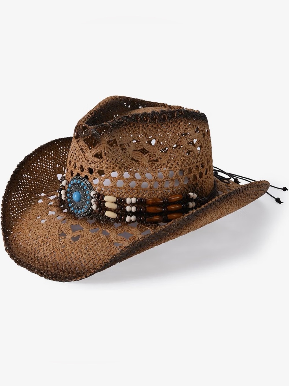A.   Willheoy Brown Straw Cowboy Hat Turquoise Beaded Men’s/Womens Wide Brim NWT